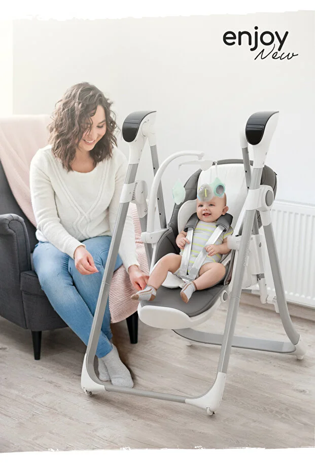 Enjoy Elektrikli 2'si 1 arada Mama Sandalyesi & Bebek Salıncağı | Katlanabilir, Kumandalı Gri